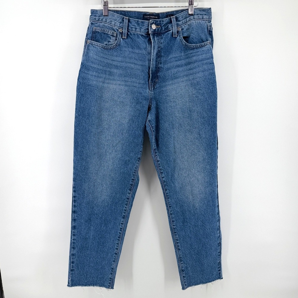 Lucky Brand Drew Mom Jean High Rise Size 12/31 Blue Ankle Denim Raw Hem Womens